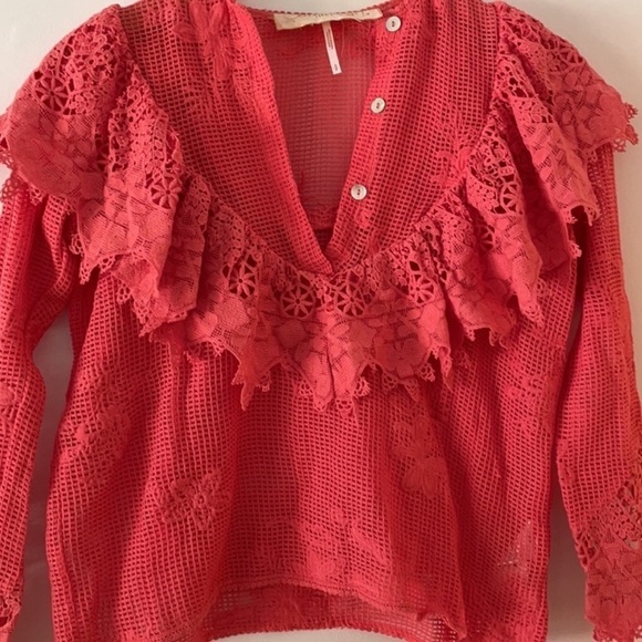 Free People Jen's Pirate Booty Lace Ruffled Sea Side Net Mesh Bohemian blouse - Picture 4 of 9